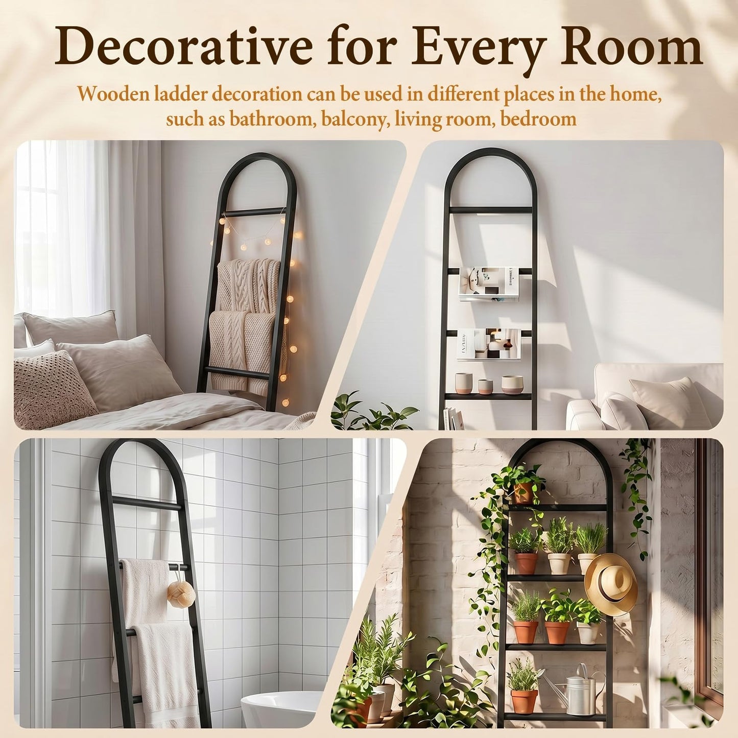 Sintuff Arched Blanket Ladder for Living Room, 5.5ft Wooden Blanket Rack, 5-Tier Natural Leaning Ladder Shelf for Farmhouse Bedroom Living Room Bathroom Decor (Arch,Balck)