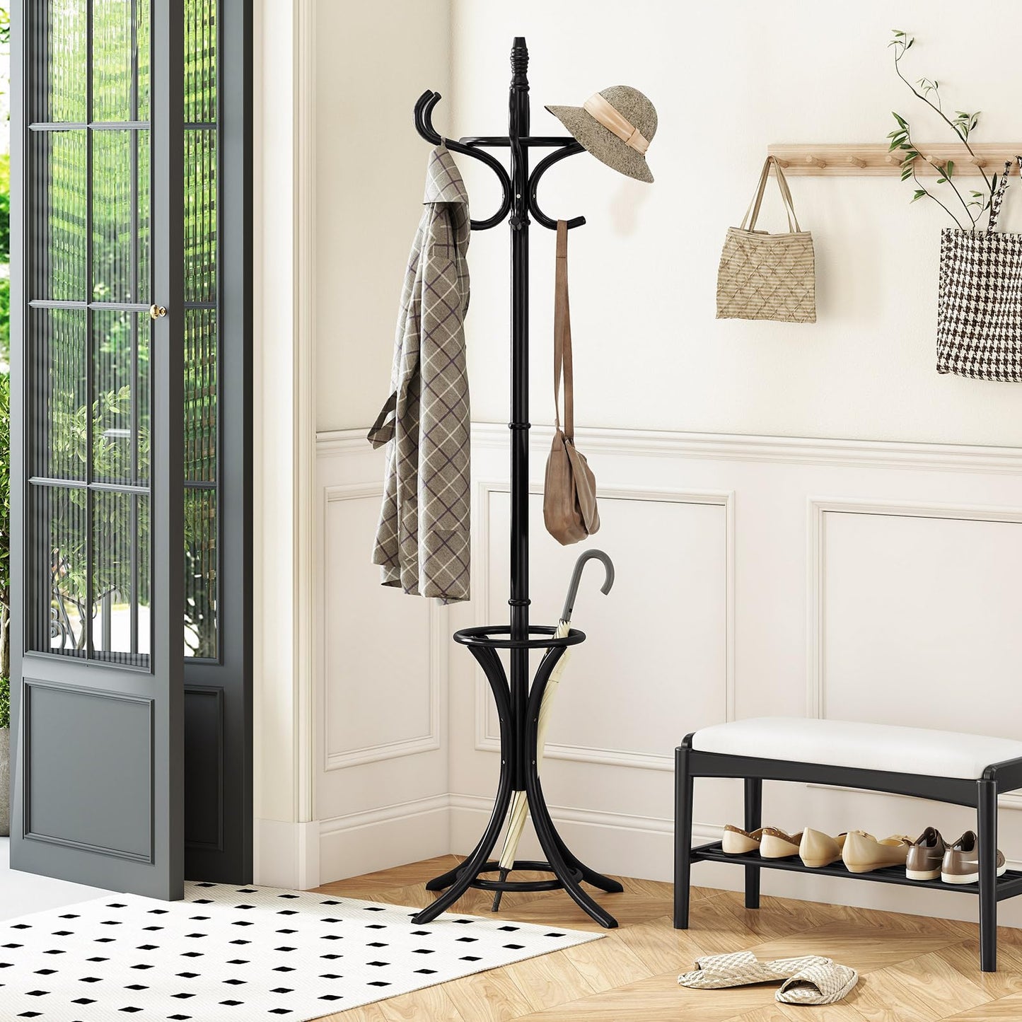 Tangkula Coat Rack with Umbrella Holder, 73 Inch Freestanding Coat Hanger Stand with 12 Hooks, Wooden Entryway Coat Tree for Clothes, Bags, Hats, Scarves, Living Room, Bedroom, Hallway (Black)