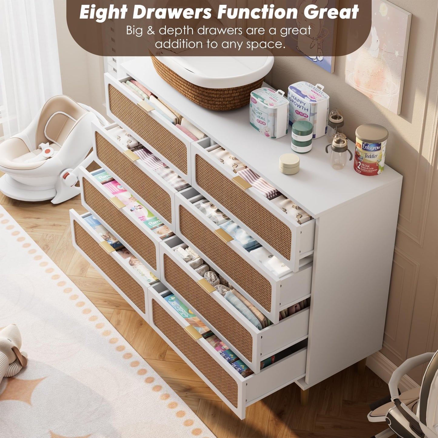 GarveeHome Rattan 8 Drawer Dressers for Bedroom, Tall Dresser with Deep Drawers, Large Chest of Drawers for Closet with Wide Top, Long Wooden Dresser for Living Room, Hallway, Kids Room, White