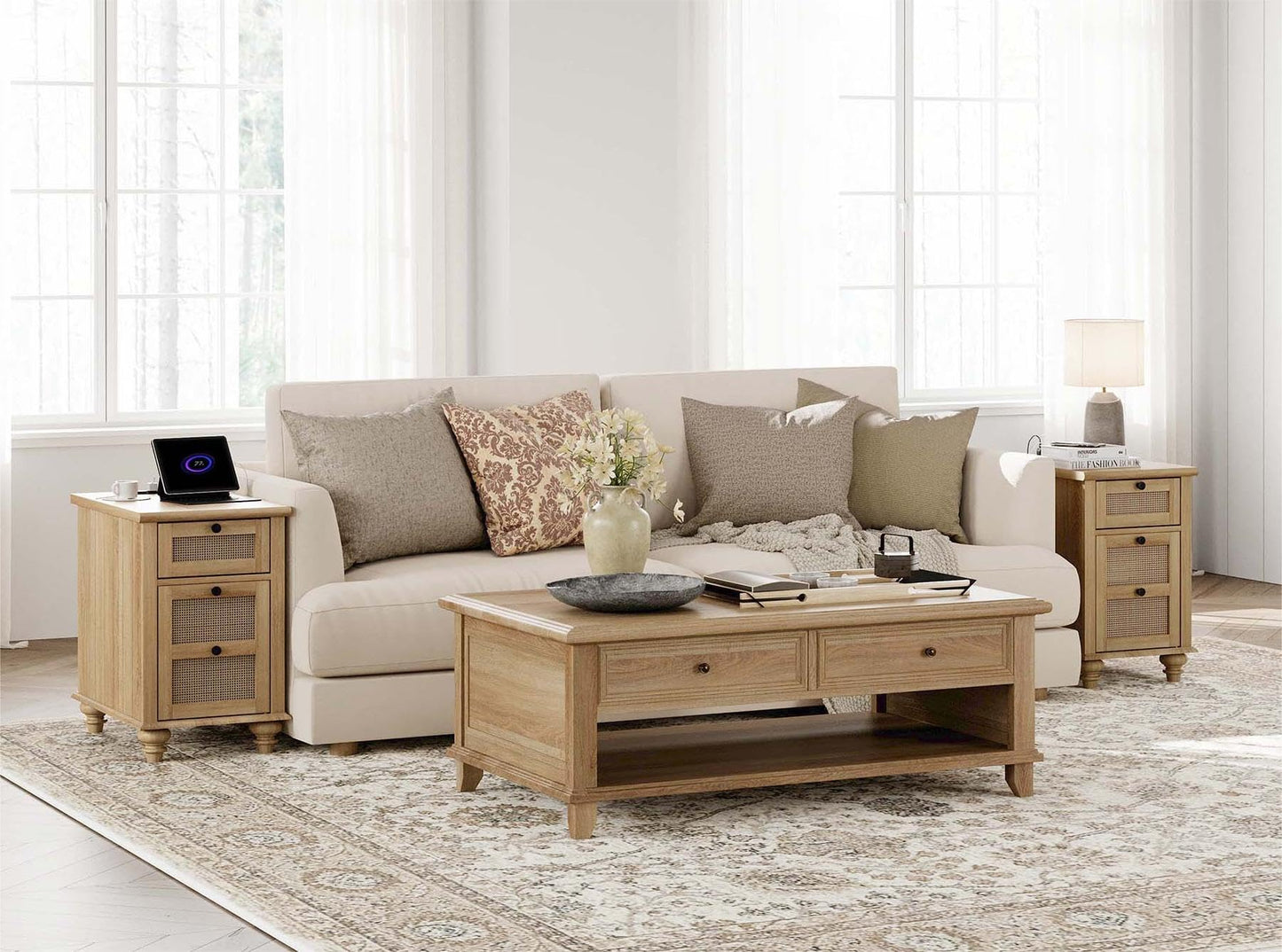 WAMPAT Farmhouse End Table with Charging Station, Rattan Side Table with Drawer & Storage Cabinet, Wooden Oak Nightstand with Power Outlets & USB Ports for Living Room, Bedroom, Burlywood