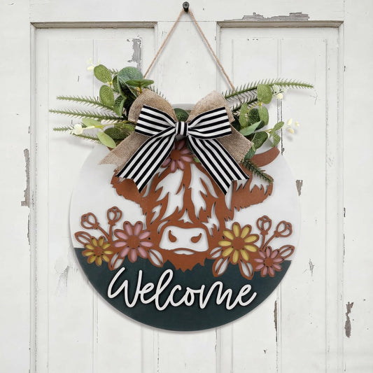 Novabright Highland Cow Welcome Sign for Front Door Highland Cow Wreaths with Bow Rustic Farmhouse Wooden Hanging Sign Decorations for Front Door Porch Decor Indoor Outdoor