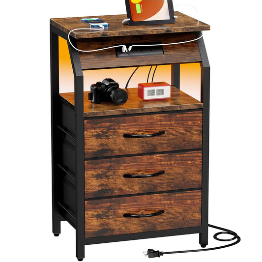 SZLHANJZ End Table with Charging Station, Nightstand with LED Lights and 3 Drawers, Small Night Stand with Fabric Storage, Retro Side Table for Bedside, Living Room Dorm, Rustic Brown