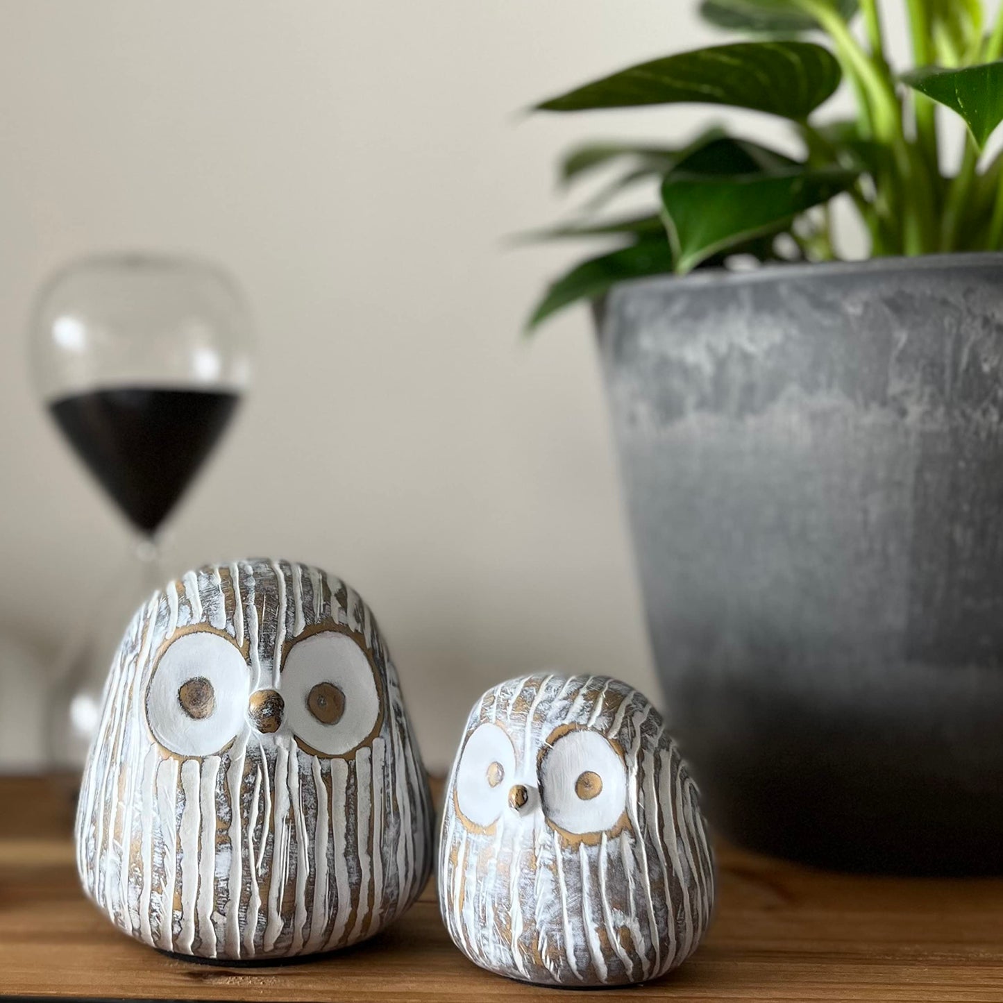 Huey House Chubby Night Owl Decor Statue Sculpture, Bookshelf Decor Accents, Boxed Set of 2, Rustic Brown & White, 3⅛ & 4⅓ Inch Decorative Resin Figurines