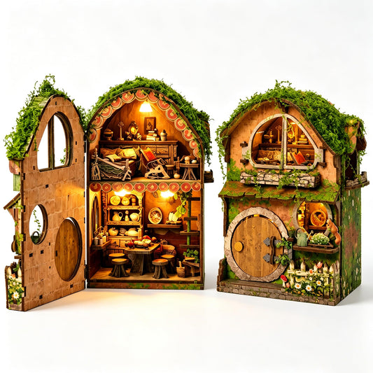 VOXLIGNA Green Vine Cottage Book Nook Kit, DIY 3D Wooden Puzzle with LED Light & Interactive Openable Door, Fantasy Forest Miniature House, Bookshelf Insert Decor Gift for Adults, Relaxing Build