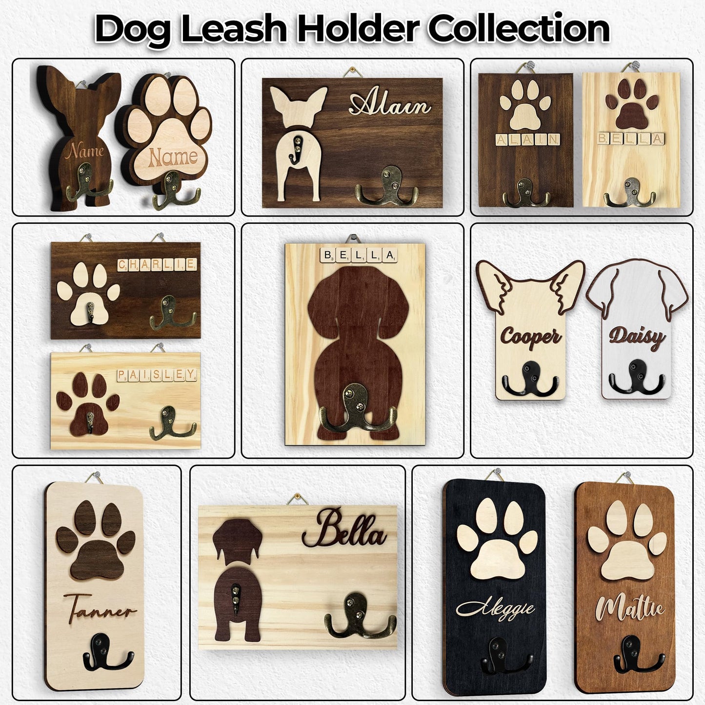 VINARTSVN Beagle Dog Leash Holder Wall Mount with Scrabble Letters, Wooden Dog Wall Hook Organizer, Pet Collar and Harness Hanger for Entryway, Key Hook Gift for Pet Lovers, Home Decoration PF297-8
