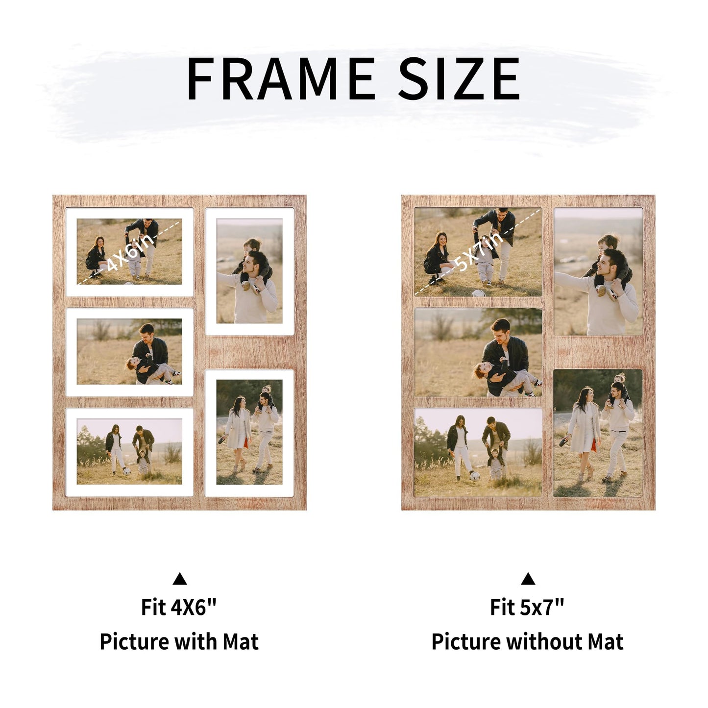 YESKAY 4x6 or 5x7 Picture Frames, Rustic Brown Wooden Frame with Real Glass, Displays Pictures Five 4x6 with Mat or 5Pcs 5x7 without Mat for Wall Mounting, Photo Collage Frame