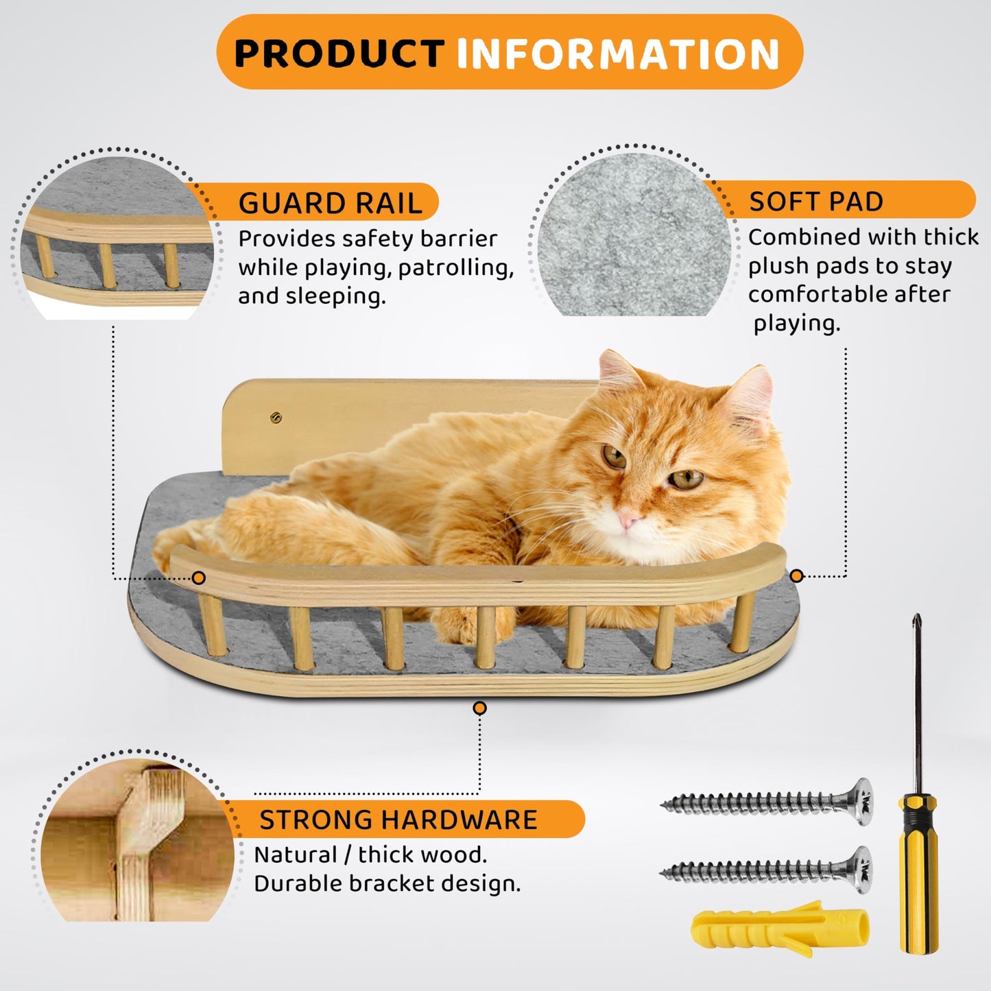 BUOGA Cat Wall Shelves – 3 Steps Climbing Furniture & Perch for Indoor Cats up to 30lbs, Wooden Floating Shelf with Non-Slip Pad Bed, Modern Corner & Wall Mounted for Playing and Lounging - Natural