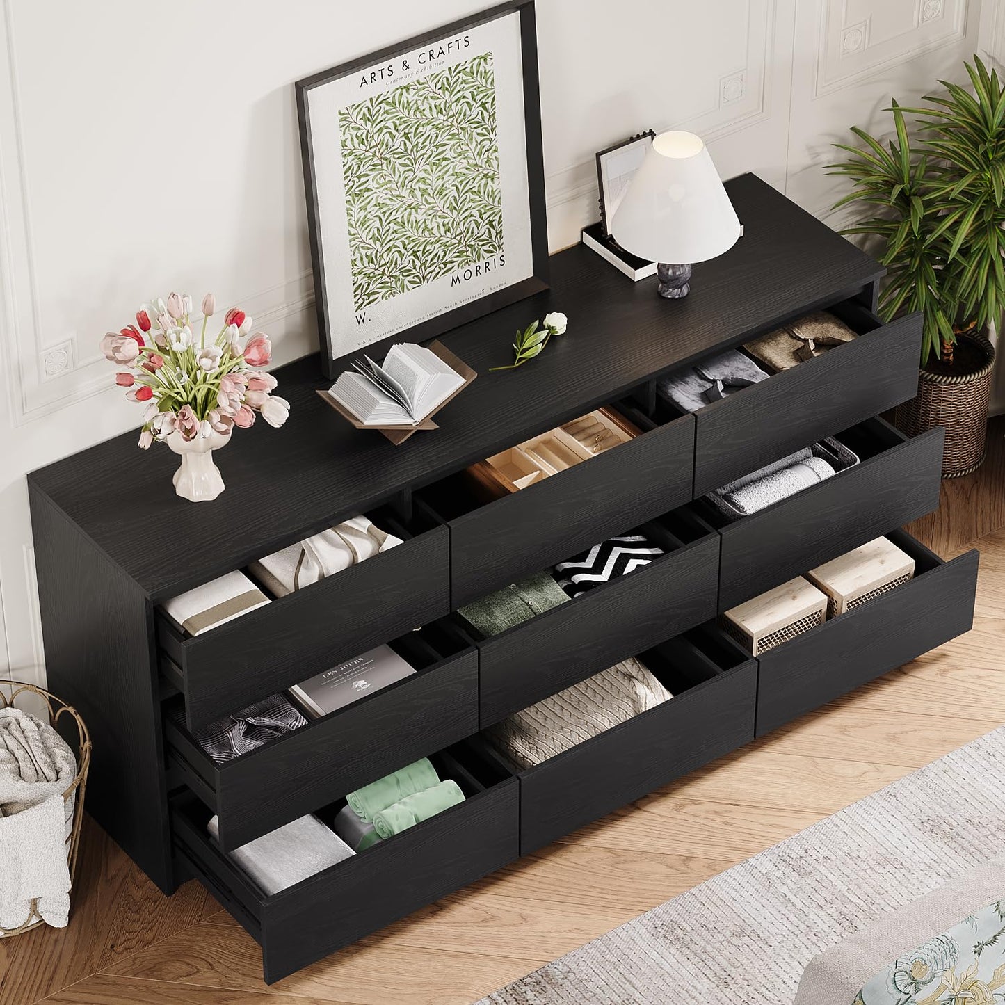 Angel Sar 62'' Black Dresser for Bedroom, Modern 9 Drawer Wood Dresser with Handle-Free Design & Thick Panel, Minimalist Storage Cabinet for Clothes, Entryway Use