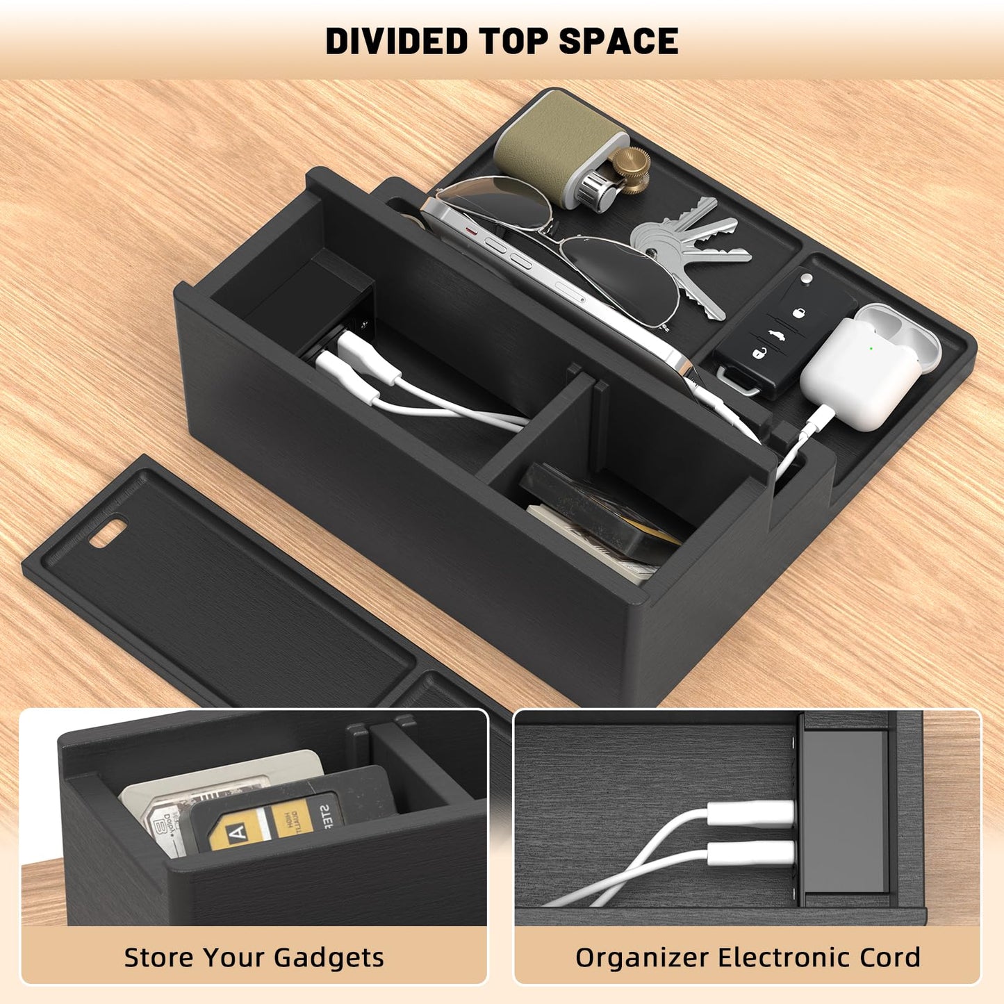 Valet Tray, Nightstand Organizer with Charging Station, Assembly-Free 3 Layer Wood Valet Tray for Men, Phone Docking Station with USB Ports for Watch, Jewelry & Accessories, Nice Gift (Classic Black)
