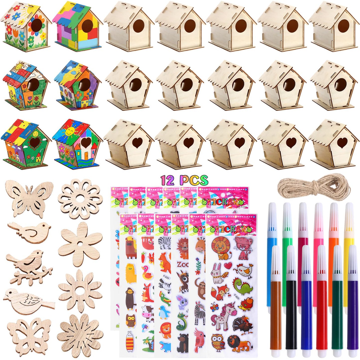 Tuanse 107 Pcs Wooden Birdhouse DIY Kits Includes 21 Unfinished Wood Mini Bird House 24 Watercolor Pen 50 Bird Butterfly Flower Slices 12 Animal Stickers for Adults DIY Craft Making Supplies(Classic)