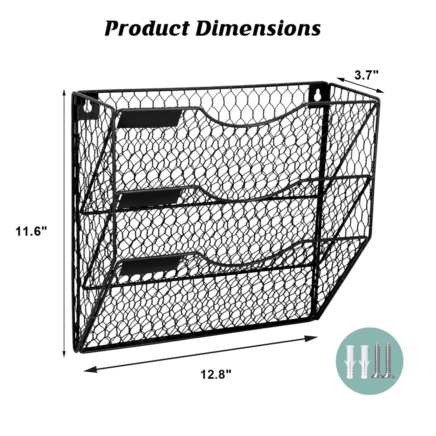 EASEPRES Mail Organizer Wall Mount Hanging File Holder Storage, Metal Chicken Wire Magazine Rack 3 Tier, Black