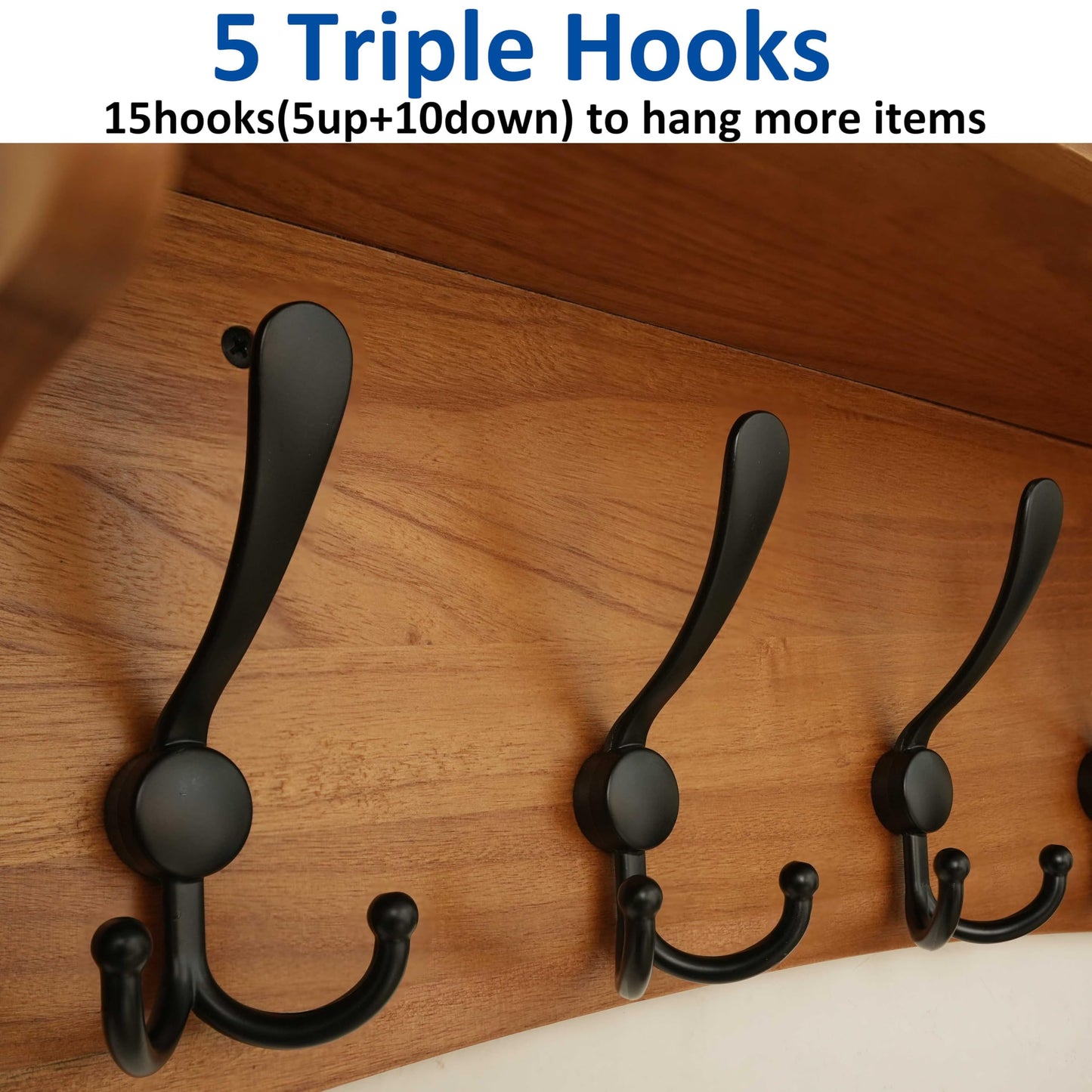 WEBI Wall Shelf with Hooks Underneath,24" Long Coat Rack Wall Mount with Shelf,Key Rack for Wall,5 Triple Hooks for Hanging Coats,Clothes,Jacket,Bathroom,Entryway,Light Brown