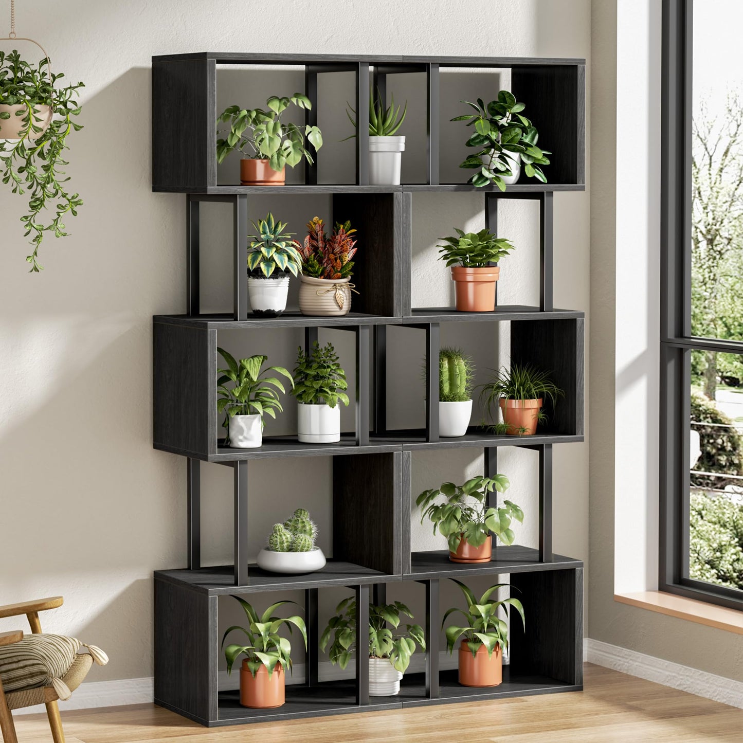 Furologee 6 Tier Bookshelf Tall Geometric Bookcase, S Shaped Industrial Display Standing Shelf, Metal and Wood Decorative Storage Room Divider Rack for Bedroom, Living Room, Office, Light Black Oak
