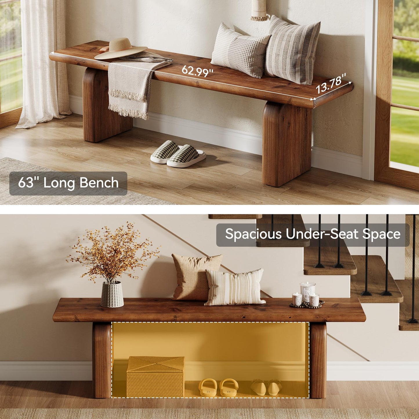 TRIBEWOOD 62.99-Inch Solid Wood Entryway Bench, Farmhouse Indoor Wooden End of Bed Bench for Entryway, Hallway, Bedroom, Dining Room, Living Room, Easy Assembly, Rustic Brown