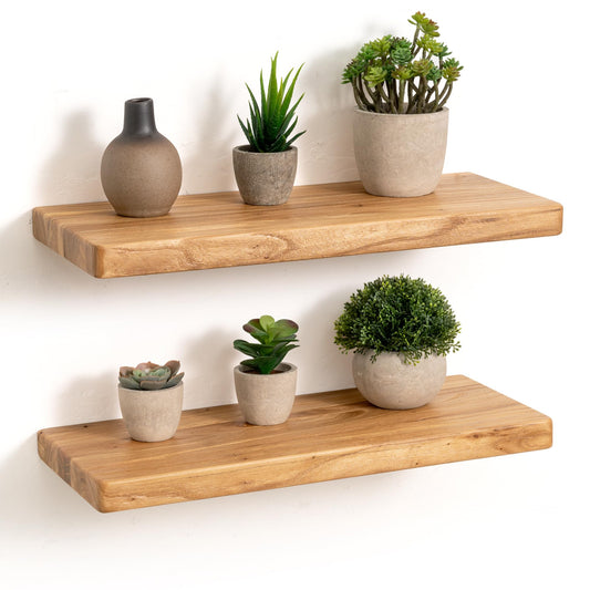 Fun Memories Rustic Solid Elm Wood Floating Shelves, 18" W x 8" D Floating Shelf Wall Mounted, 8 Inch Deep Wall Shelves, Wooden Bathroom Shelf for Home, Deep Bookshelf for Living Room, Set of 2