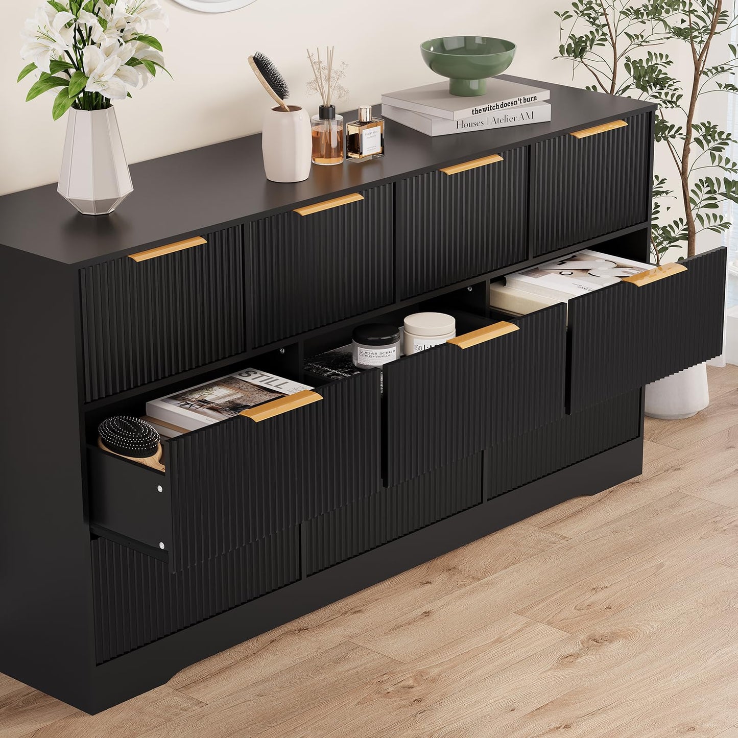 Patikuin 59" Fluted 10 Drawer TV Stand, Wooden Dresser TV Stand with Organizer Storage for Living Room, Bedroom, Office, Black