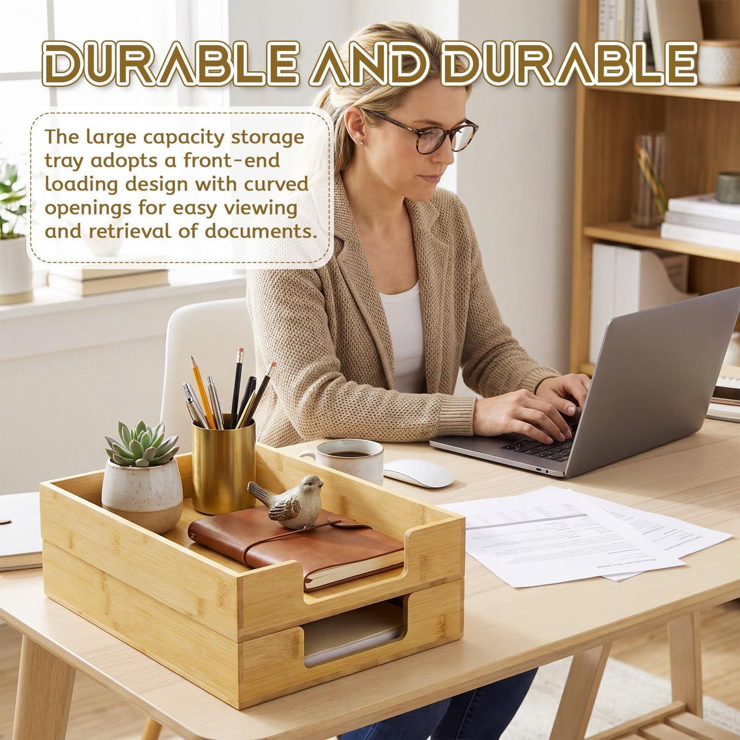 Mifoci 2 Pcs Wood Letters Tray Bamboo Stackable Paper Organizer Letter Tray, Desktop File for A4 Documents, Wooden Office Paper Holder Stacking for Home School Workspace