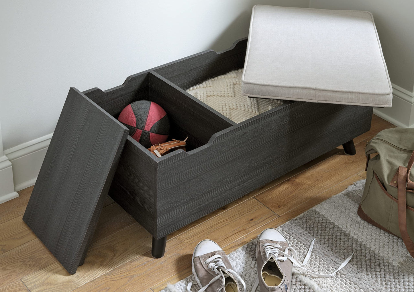 Signature Design by Ashley Yarlow Mid Century Modern Upholstered Storage Bench, Charcoal Gray