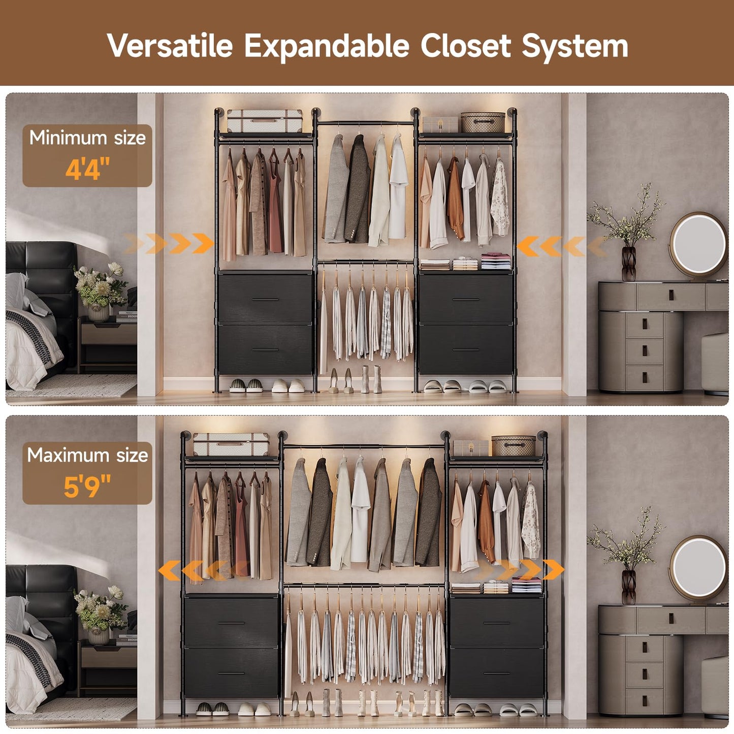 ONBRILL T4 Wall Mounted Closet System, Industrial Pipe Clothing Rack with 8 Wooden Shelves, 4 Drawers & 4 Hanging Rods (2 Expandable), Modular Heavy Duty Closet Organizers and Storage System (Black)
