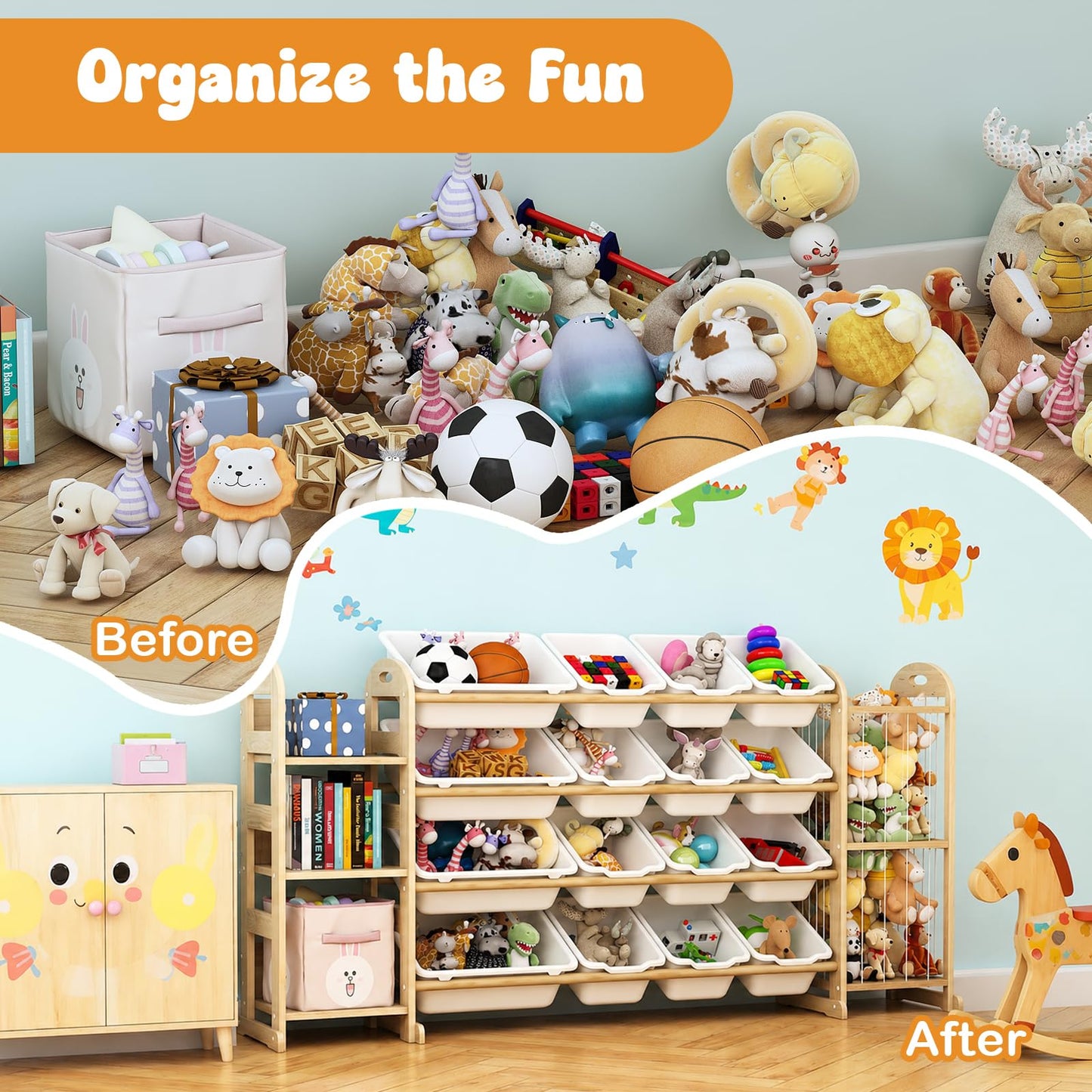 Large Kids Toy Storage Organizer, Toy Organizers and Storage with Stuffed Animal Storage, Toy Storage Shelf with 3 Shelves, 16 Storage Bins, Kids Bookshelf, Toy Holder for Playrooms, Bedrooms, White