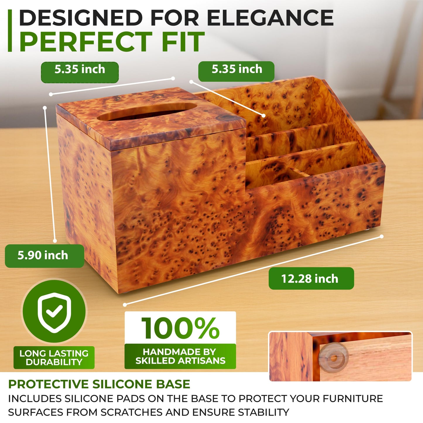 Wooden Tissue Box Holder with Storage Organizer for Desk, Bathroom & Nightstand – Handmade Wood Tissue Cover