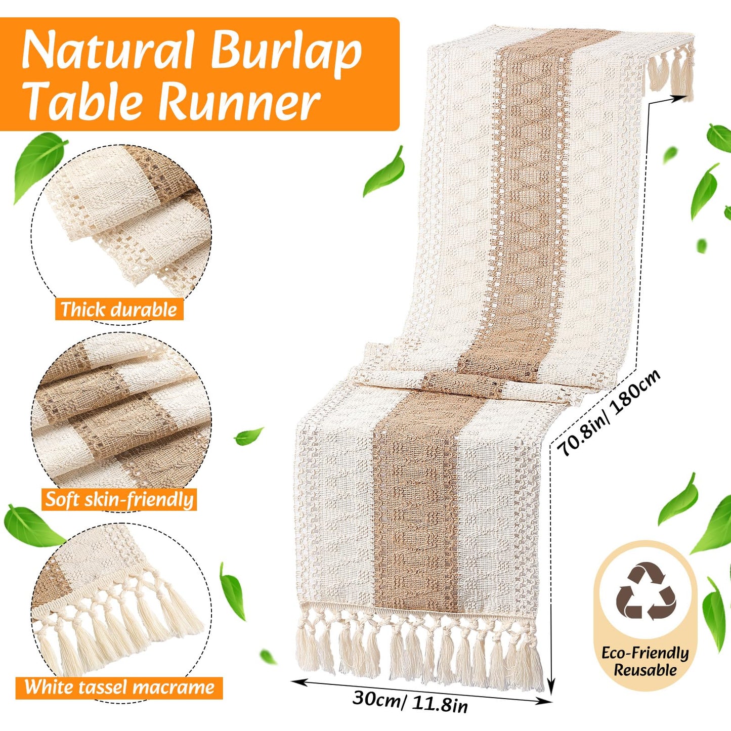 Gandeer 4 Sets Boho Decoration Placemats Round Woven Placemats, Cloth Napkins, Wood Bead Napkin Rings, Long Table Runner and Farmhouse Burlap Cotton for Table Kitchen (Khaki,12x72)