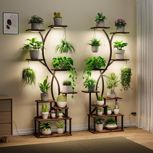 Plant Stand Indoor with Grow Lights 9 Tiered Wood Plant Shelf 62" Tall Plant Stand Metal Frame for Indoor Plants Multiple Flower Pot Holder, Large Plant Rack for Living Room Patio Corner 2 Pack