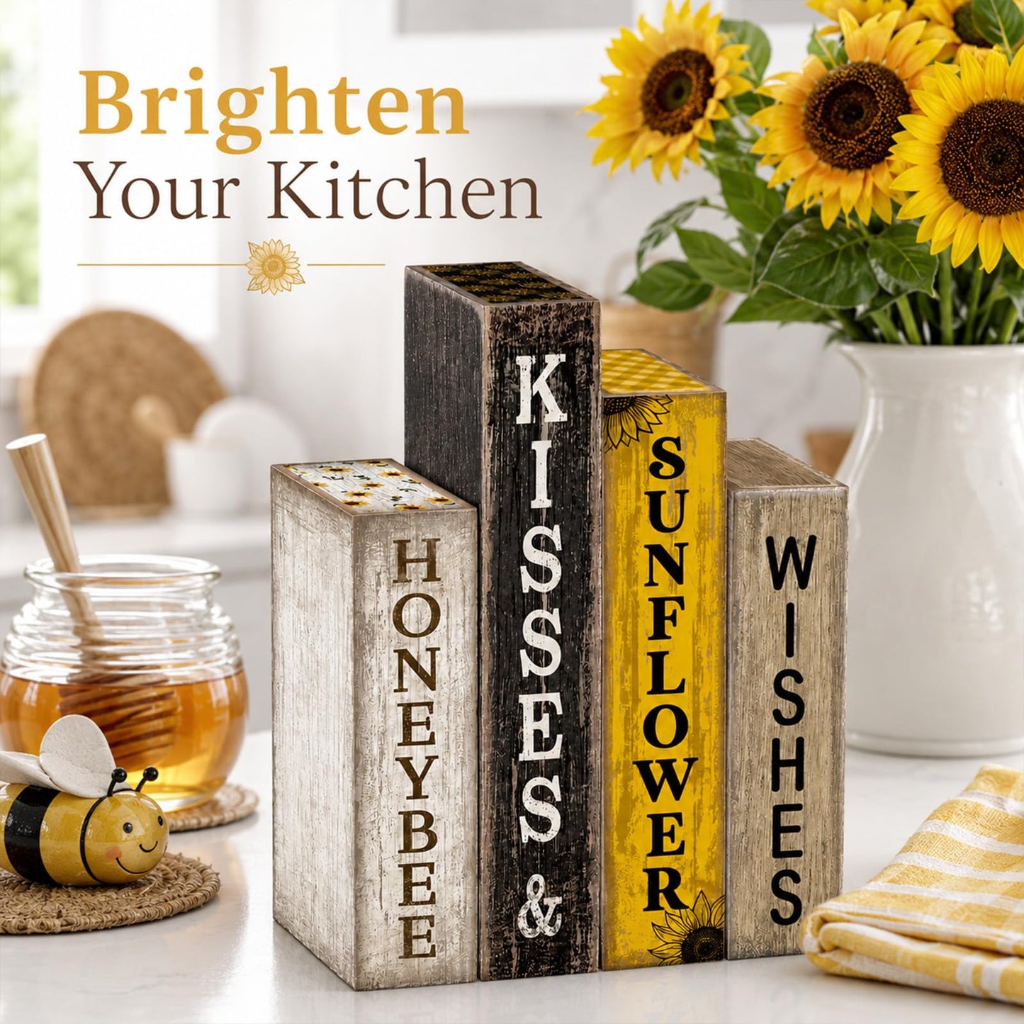 Lineshading 4 Pcs Summer Table Decoration Wooden Book Sunflower Decoration Yellow and Black Summer Tiered Tray Decor Wood Book Stack Farmhouse for Home Shelf Coffee Table