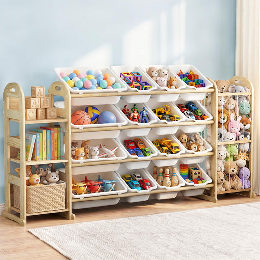 Large Kids Toy Storage Organizer, Toy Organizers and Storage with Stuffed Animal Storage, Toy Storage Shelf with 3 Shelves, 16 Storage Bins, Kids Bookshelf, Toy Holder for Playrooms, Bedrooms, White