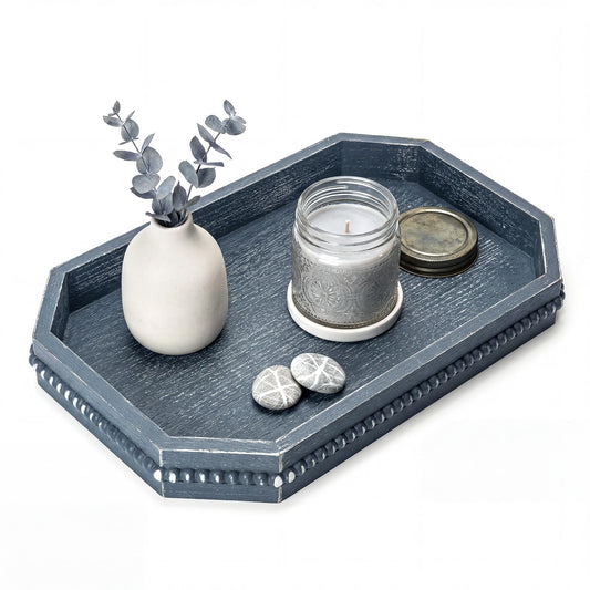 EOSAHR Rustic Decorative Tray with Beaded Edge for Room Decor - Retro Wooden Serving Tray Display for Coffee Table, Makeup Vanity - Farmhouse Decor Kitchen Table Accessories Essentials (Blue)