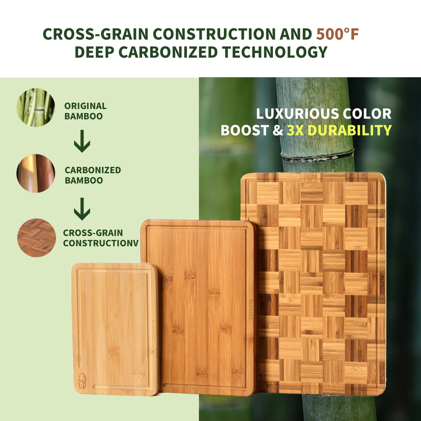BAMBANG Bamboo Cutting Board for Kitchen with Juice Groove, End-Grain Butcher Block Chopping Boards, Checkered Wooden Cutting Boards Set of 3 with Stand, Knife-Friendly, Serving Tray