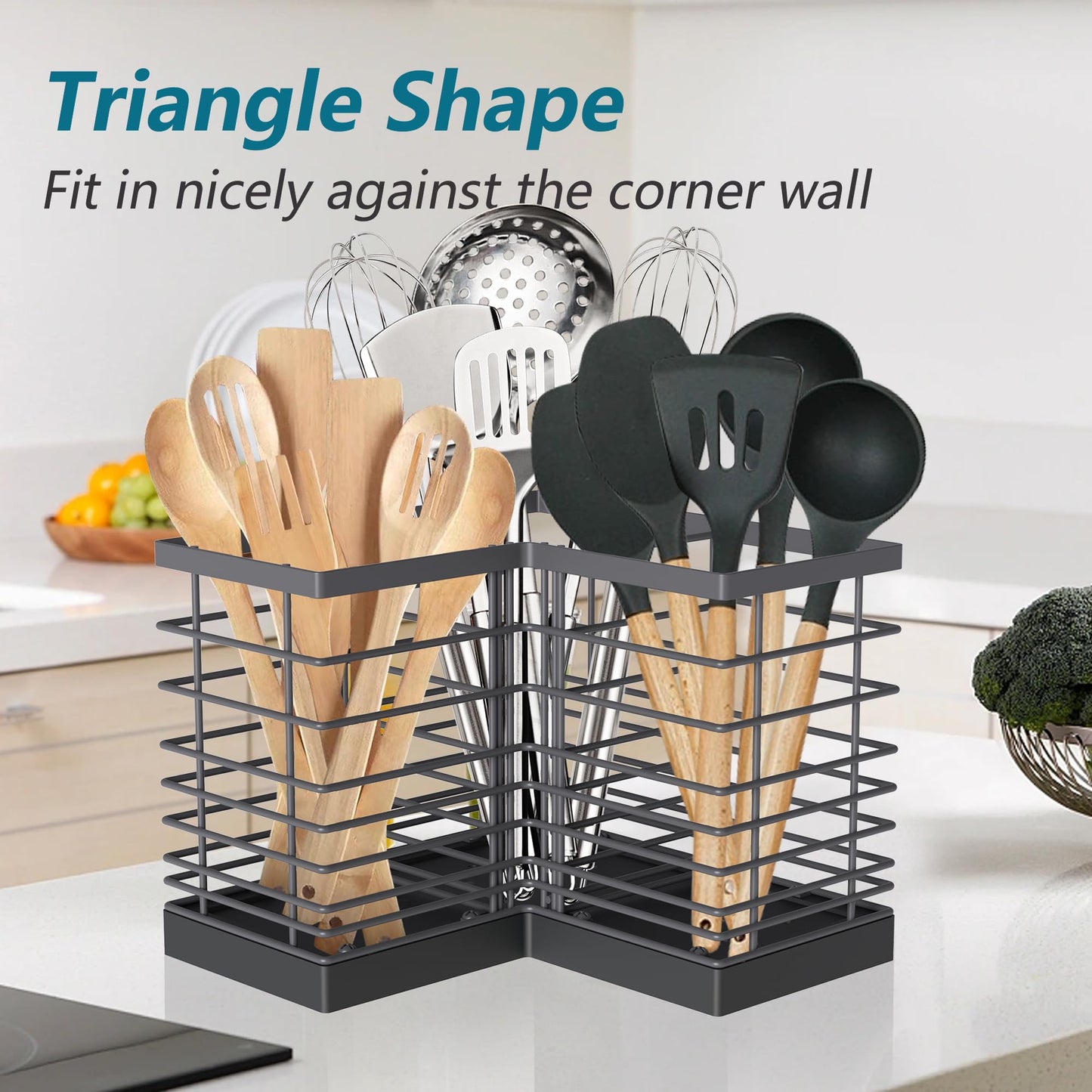 Suli Kitchen Utensil Holder with 3 Compartments, Grey Metal Corner Kitchen Caddy for Countertop, Farmhouse Rustic Cooking Storage-Grey