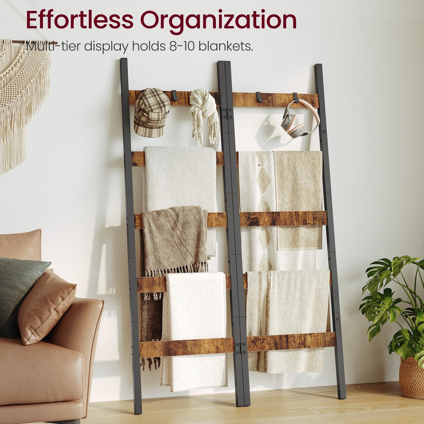 ZIIWIND Foldable Blanket Ladder, 5-Tier Ladder Shelf, Decorative Ladder with 5 Removable Hooks, Wall-Leaning Blanket Holder for Towel, Scarves, Quilt Display Rack for Living Room, Rustic Brown