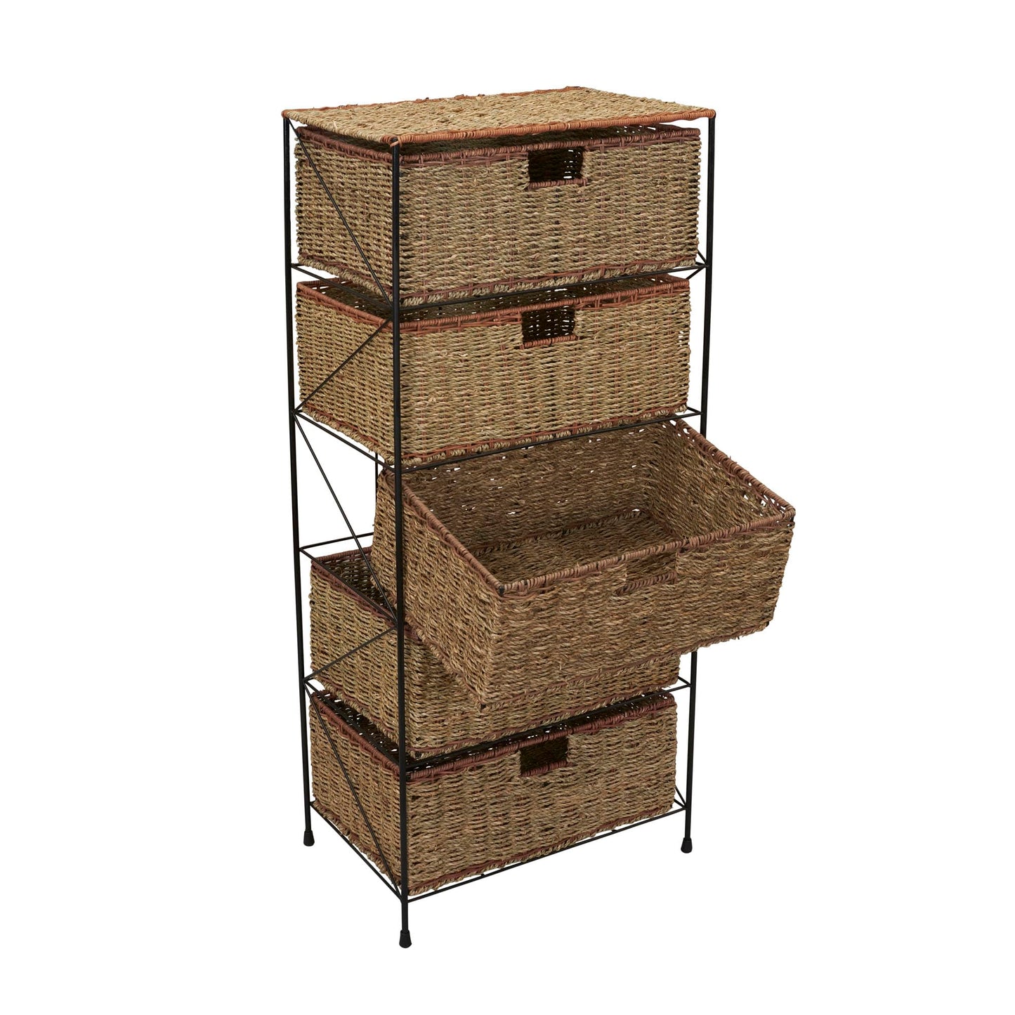 Household Essentials 5 Drawer Seagrass Wicker Storage Tower with Handwoven Rattan Design and Strong Metal Frame, Natural Rustic Modern Finish