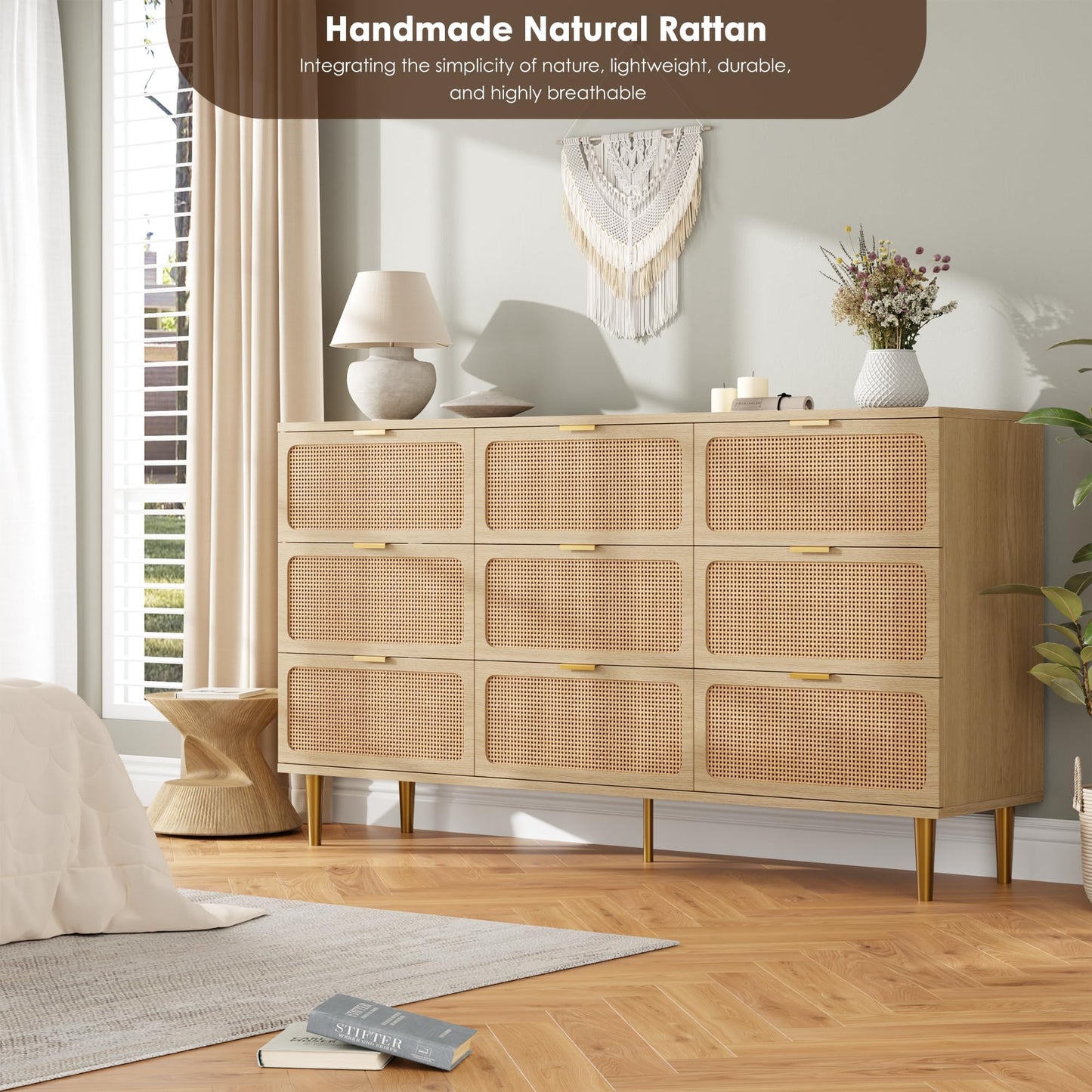 GarveeHome Rattan 9 Drawer Dressers for Bedroom, Tall Dresser with Deep Drawers, Large Chest of Drawers for Closet with Wide Top, Long Wooden Dresser for Living Room, Hallway, Kids Room, Natural