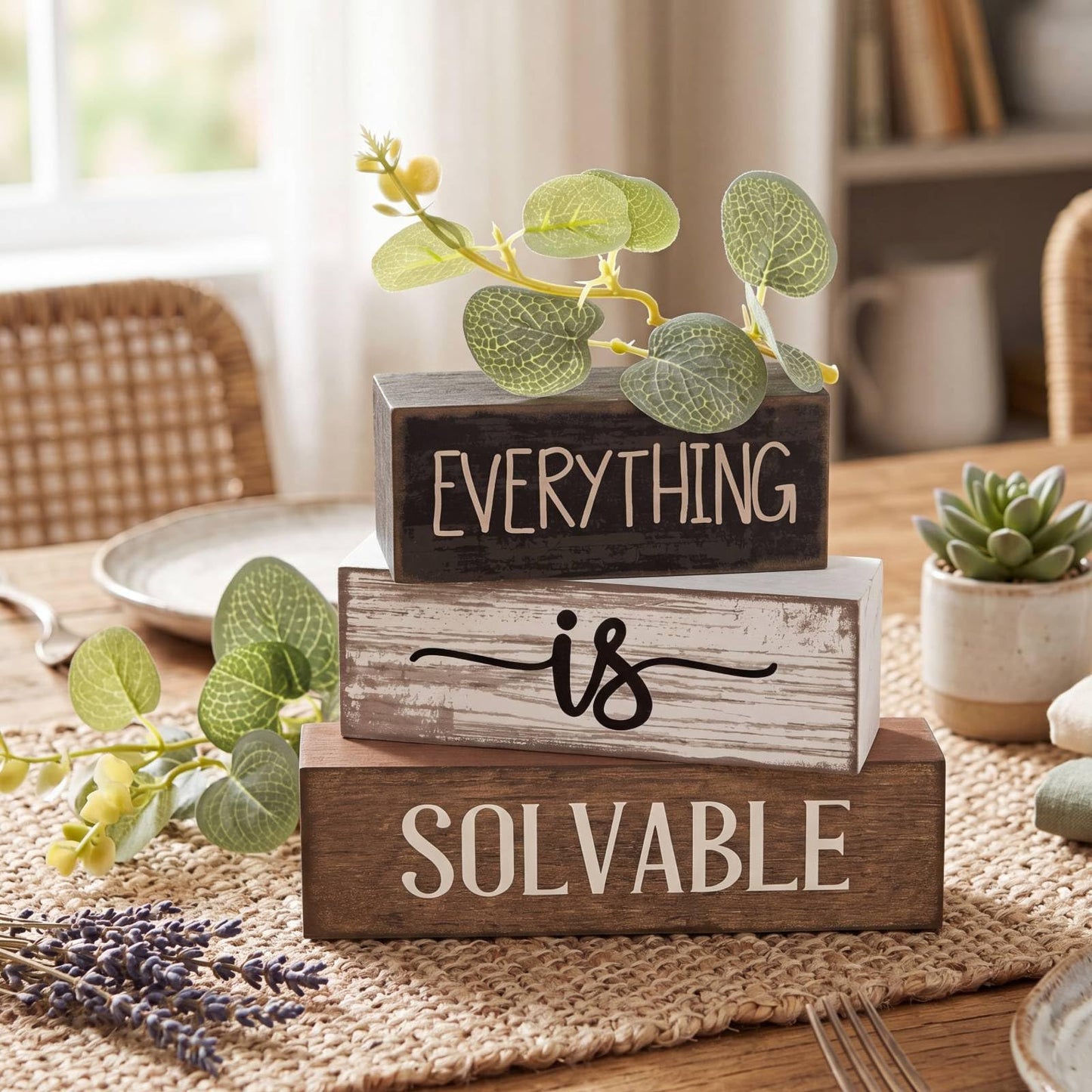 Lineshading 4 Pcs Inspirational Farmhouse Table Decor Rustic Wooden Stacked Block Signs with Inspirational Quote Artificial Eucalyptus Leaves Farmhouse Decoration for Home Office Shelf Gift