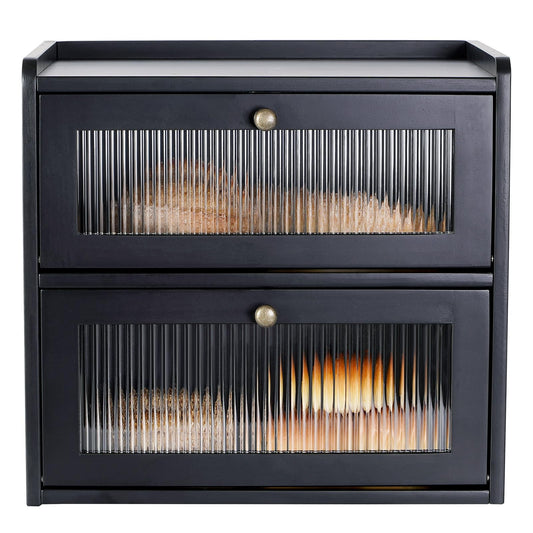 Sunhoo Bread Box for Kitchen Countertop Wooden Bread Storage Container Bin 2 Layer Breadbox Holder Large Capacity Keeper Vintage Farmhouse Food Organizer Pantry Shelf Acrylic Window（Black）