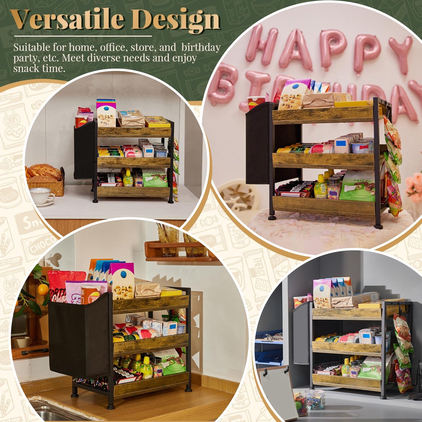 Aquzee Snack Organizer Rack for Countertop, 3 Tier Wooden Candy Display Shelf, Retail Display Shelves with Storage Bag and Chip Clips, Snack Bar Station for Counter, Kitchen, Pantry, Office, Store