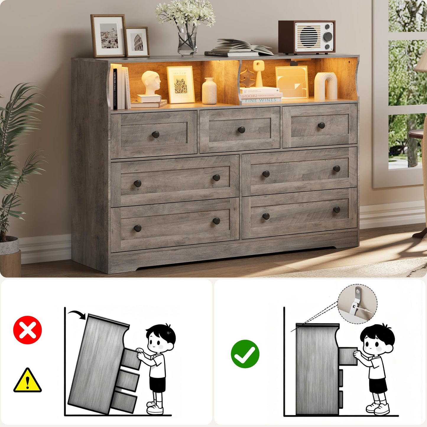 IDEALHOUSE Dresser for Bedroom with 7 Drawers, LED Lights & Charging Station, Wooden Chest with 2 Open Compartments, Freestanding Storage Organizer for Closet, Nursery, Entryway, Light Brown
