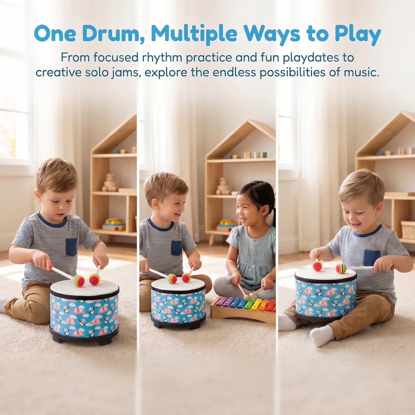 Kids Floor Tom Drum Toddlers: Baby Music Toys 8 inch Percussion Instrument Child Drums - Montessori Toys Wooden Drum for Preschool Educational Birthday (Blue 8" )