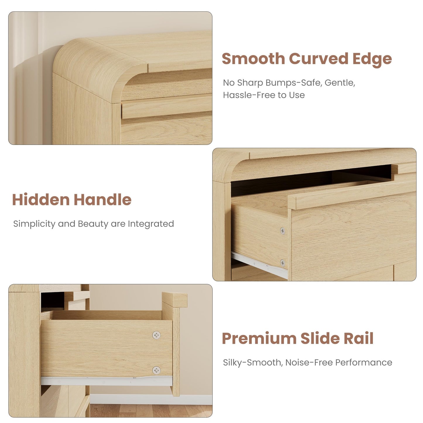 Garvee 6 Drawer Dresser for Bedroom, 47" Wide Wooden Dressers with Curved Profile Design, Mid Century Chest of Drawers Closet Clothes Storage Organizer for Living Room, Entryway, Nursery, Natural