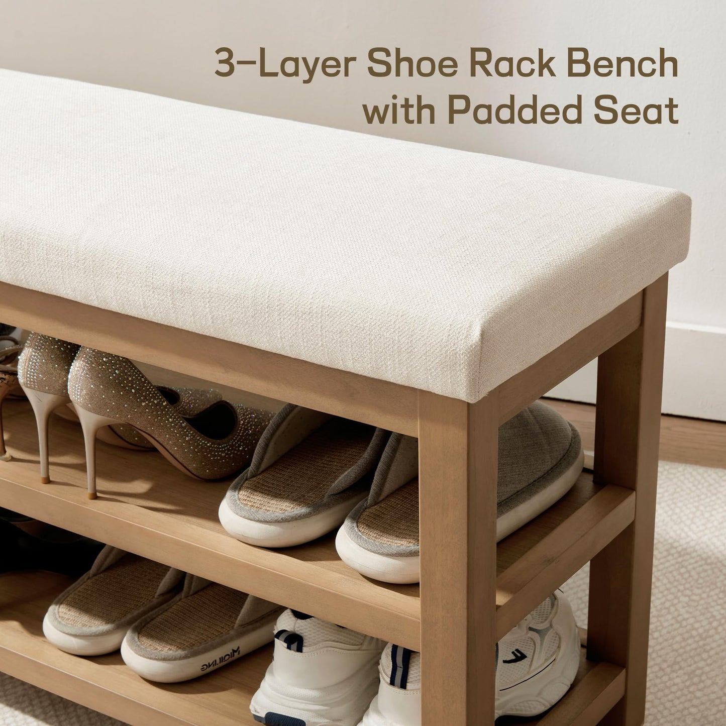 Zihanhome 2 Tier Shoe Rack Bench with Cushion, Solid Wood Shoe Benches, Mid-Century Modern Shoe Storage Bench for Entryway, Hallway, Living Room, Closet, Front Door Entrance, (Beige, 31.5")