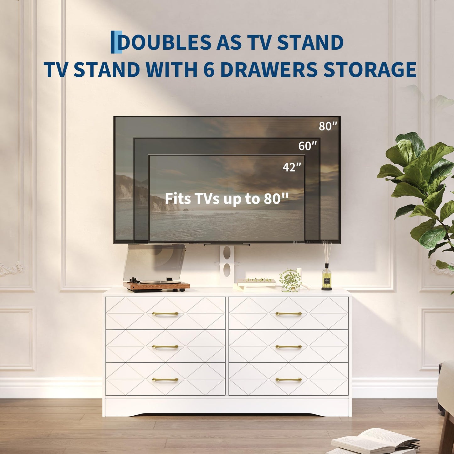 GarveeHome White Entertainment Center with 6 Storage Drawers for Bedroom Living Room, Universal TV Stand with Mount Fit 32"-80" TVs, Farmhouse Wooden Media Console Tables with Height Adjustable Mount