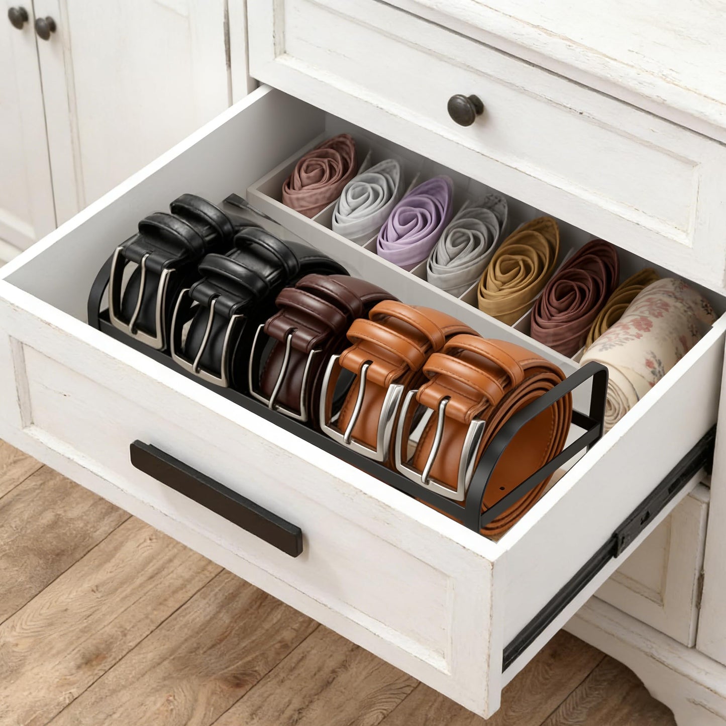 DAOYA 5-Slot Belt Organizer for Closet, Bamboo Wooden Belt Storage Rack for Dresser Drawer, Display Belts Ties Neatly, Sturdy Gift for Men