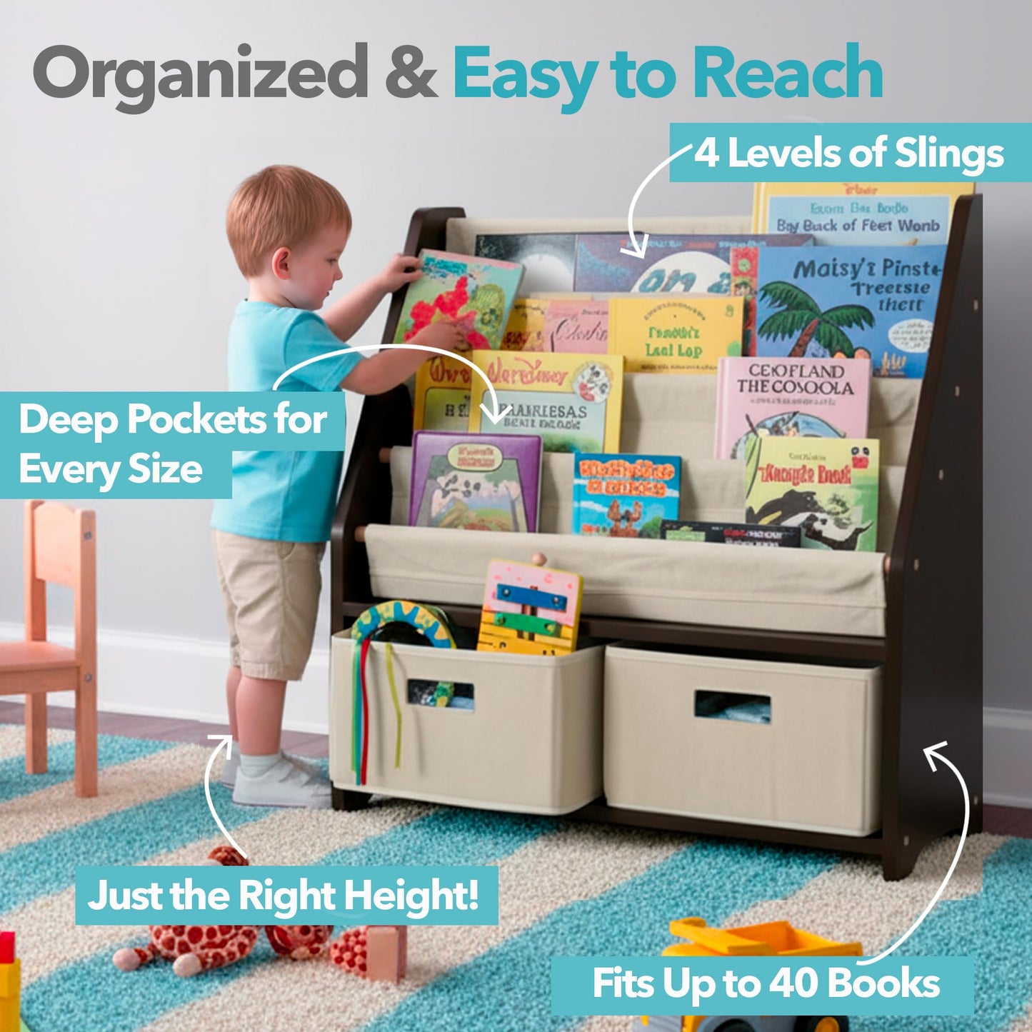 WONKAWOO Kids Sling Bookshelf Wooden Rack, 4 Levels of Canvas Slings for Large Children Books and 2 Storage Bin Boxes for Toys Organizer, Espresso Shelf with Natural Fabric Slings