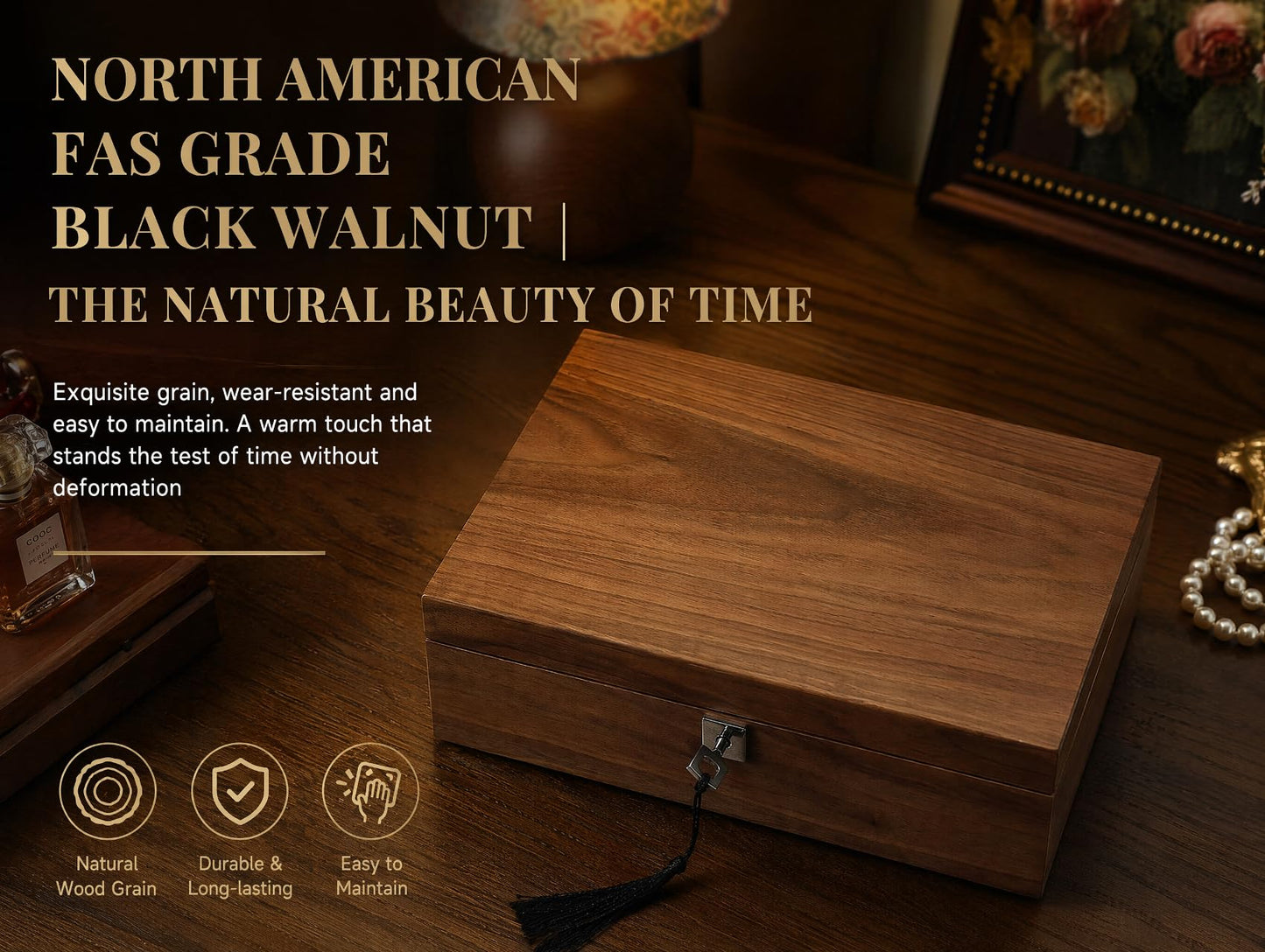 LIBOLXSP Black Walnut Jewelry Box with Privacy Lock Solid Wood Jewelry Organizer with Premium Velvet Lining Mid-Sized Keepsake Valet Box for Watches Rings Necklaces Cufflinks Unisex Gift for Men Women