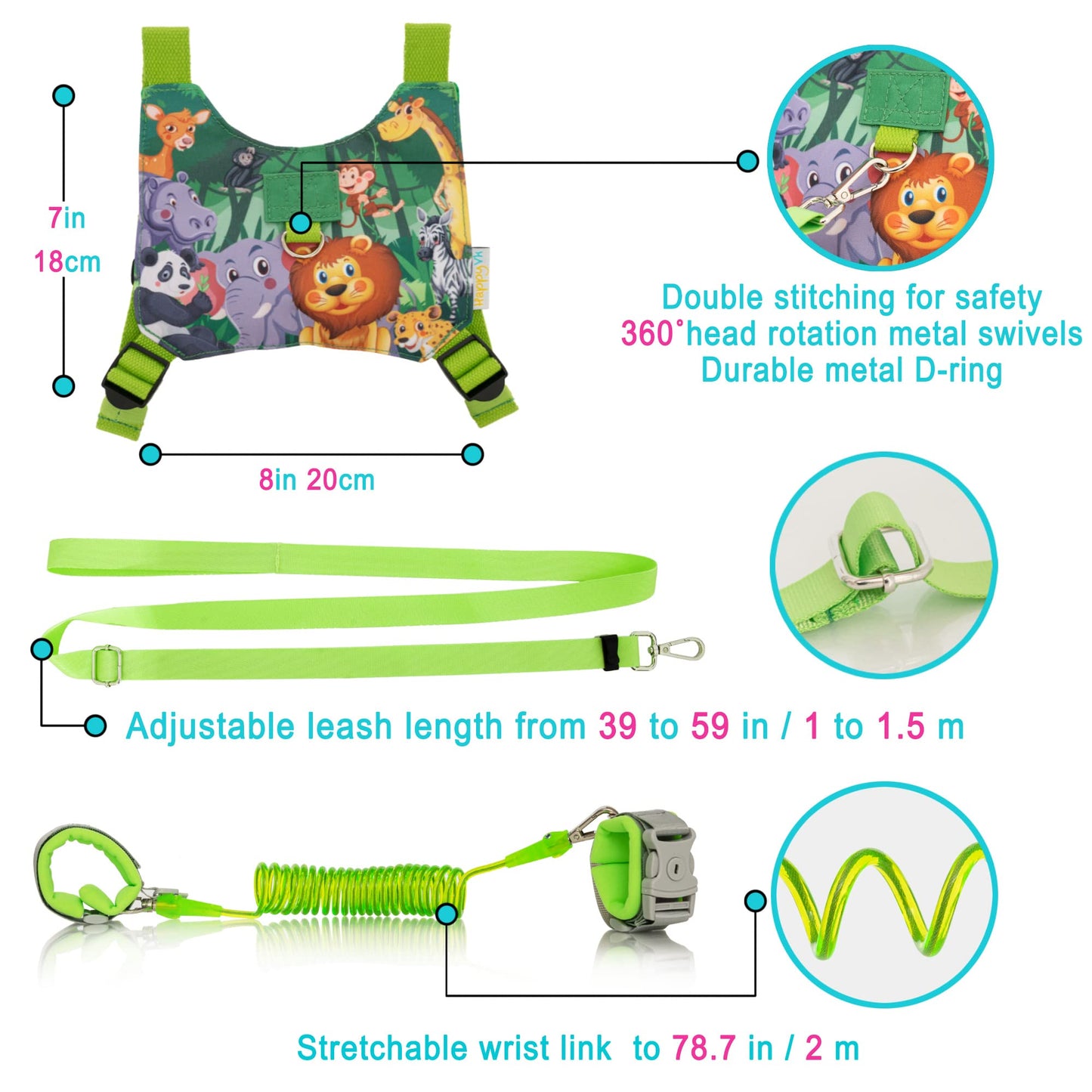 HappyVk Toddler Leash Harness Baby Anti Lost Wrist Link with Key Lock Kid Leash Child Safety Harness Ages 1-4 Cute Design Wild Animals