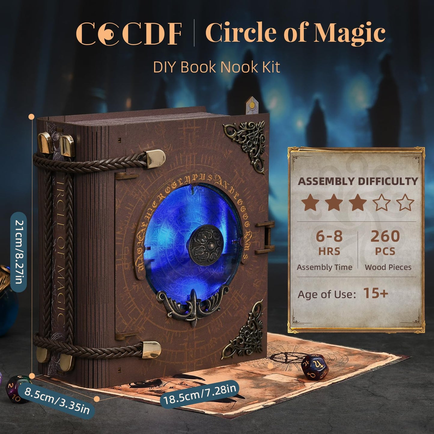Book Nook Kit, DIY Miniature Dollhouse Magic Booknook Kit, 3D Wooden Puzzle Bookend Bookshelf with LED Light for Adults Teens (Circle of Magic)