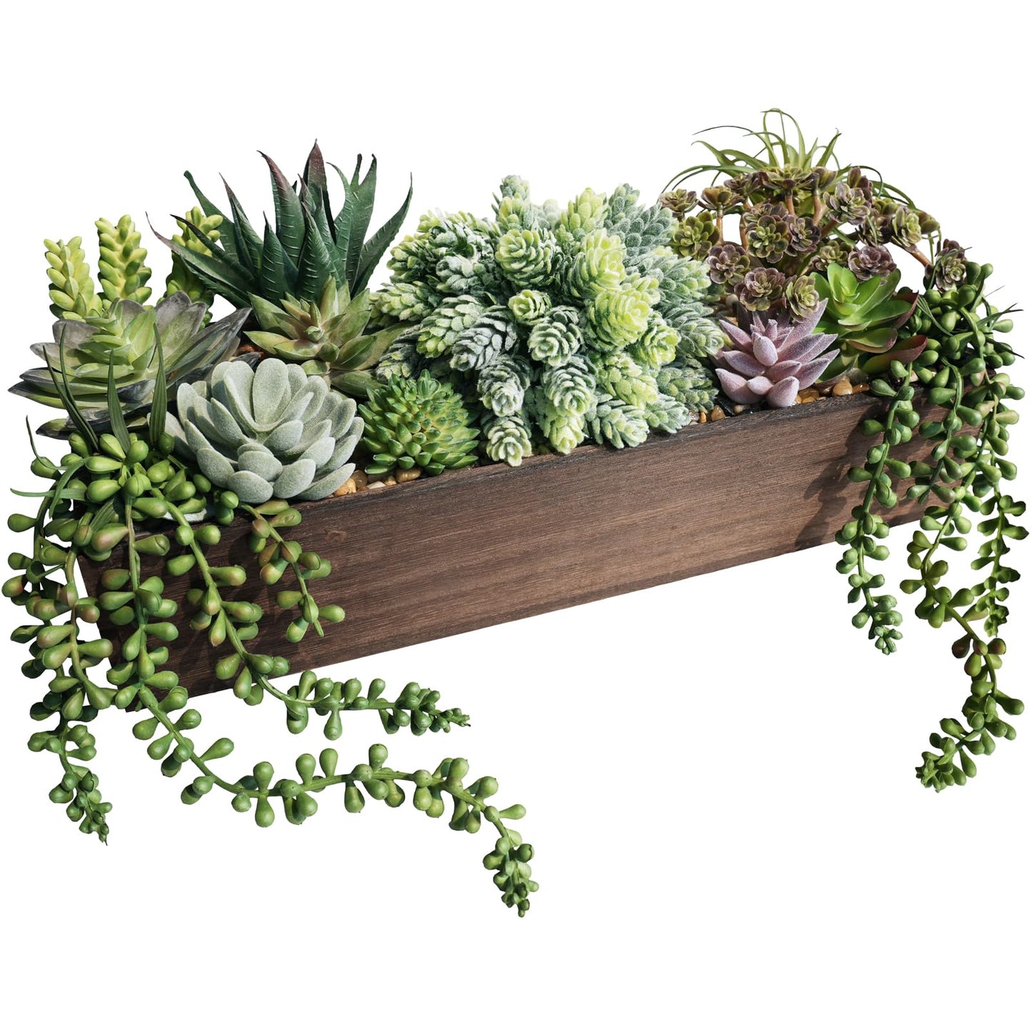 Winlyn Artificial Succulent Arrangement 15" Assorted Succulents Plants in Brown Rectangular Wooden Box Faux Potted Succulents Plant for Farmhouse Home Table Centerpiece Mantel Shelf Kitchen Décor