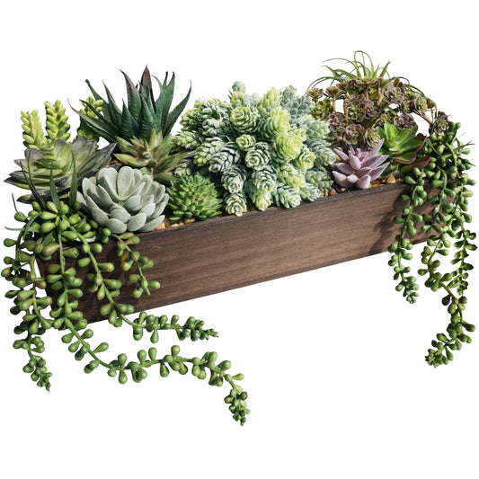 Winlyn Artificial Succulent Arrangement 15" Assorted Succulents Plants in Brown Rectangular Wooden Box Faux Potted Succulents Plant for Farmhouse Home Table Centerpiece Mantel Shelf Kitchen Décor